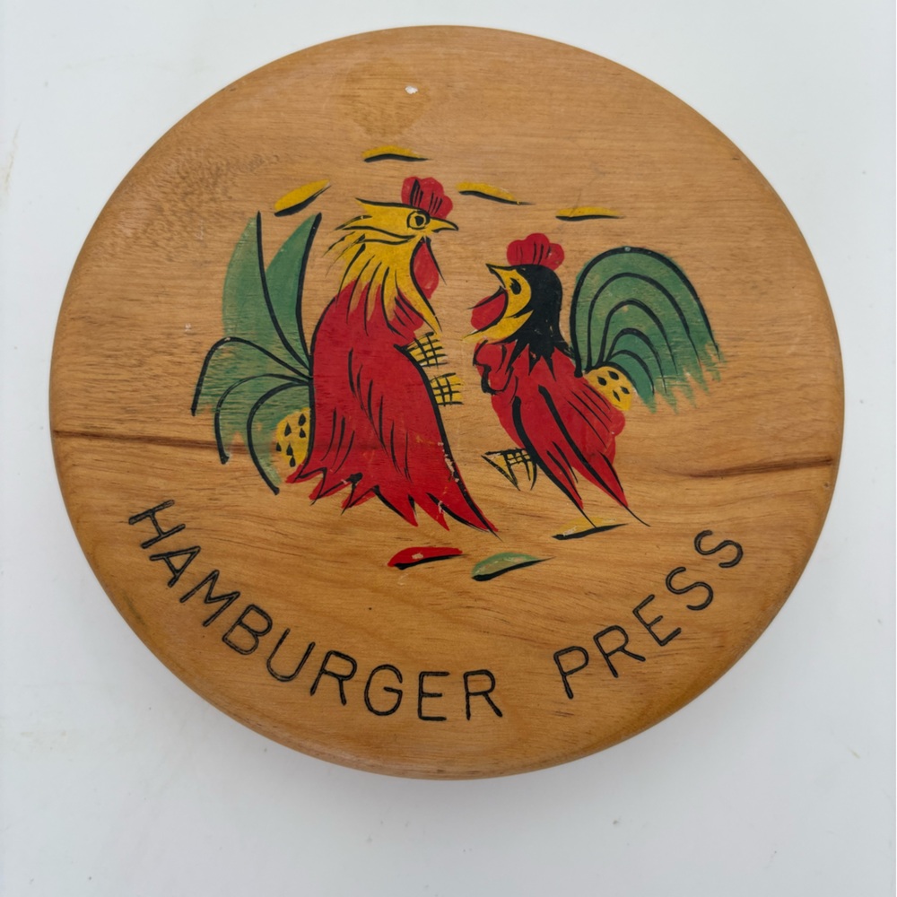 Vintage Wooden Hamburger Press with Rooster Graphic - Red & Green
